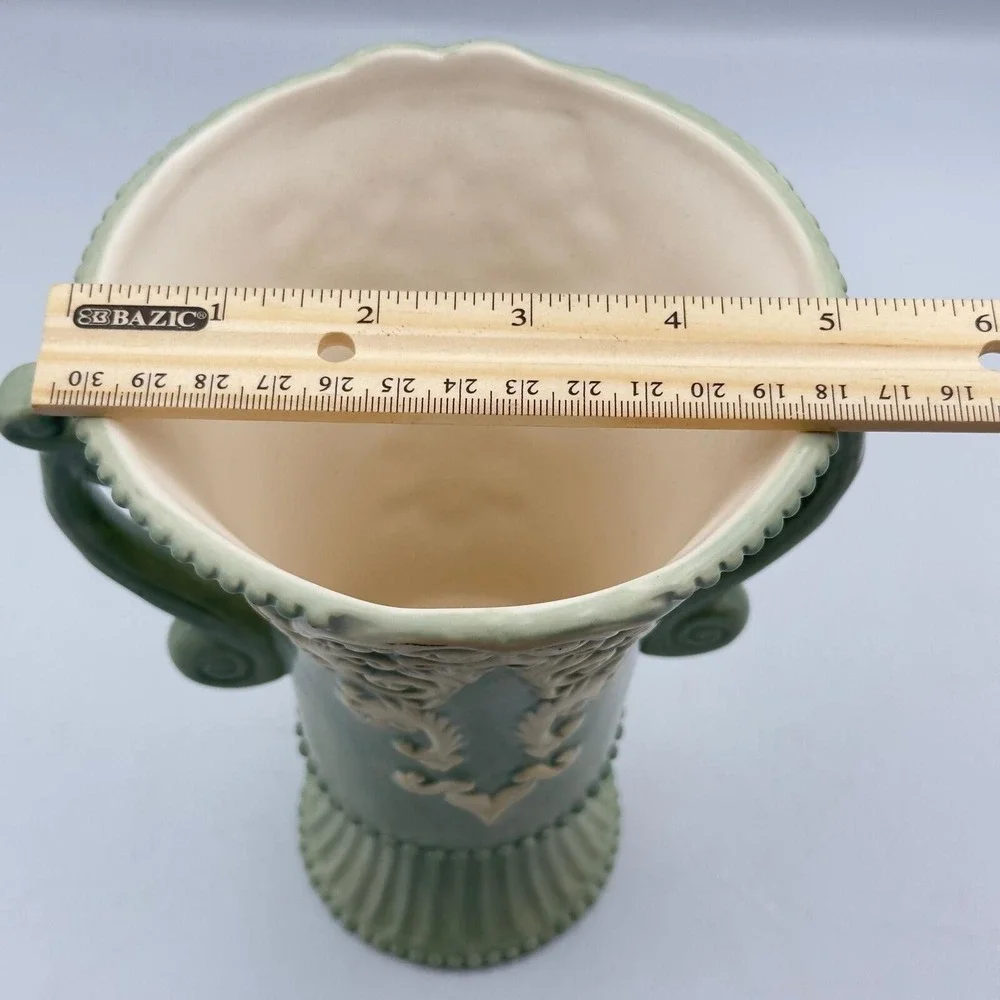 Burton &‎ Burton Sage Green Ornate Ceramic Urn Vase Scroll Handles Cottagecore